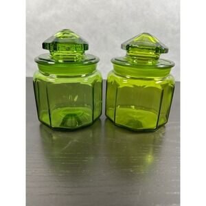 Vintage L.E.Smith Green Glass Apothecary Jars 2 Lids Decagonal Paneled Canisters